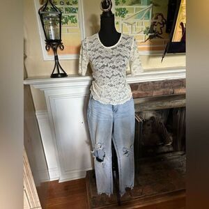 Rini Rossi vintage stretch lace cream shirt. Like new, made in USA. Size small